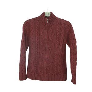 LL Bean Double L Cable Sweater Zip Cardigan Deep Wine Size S Pet